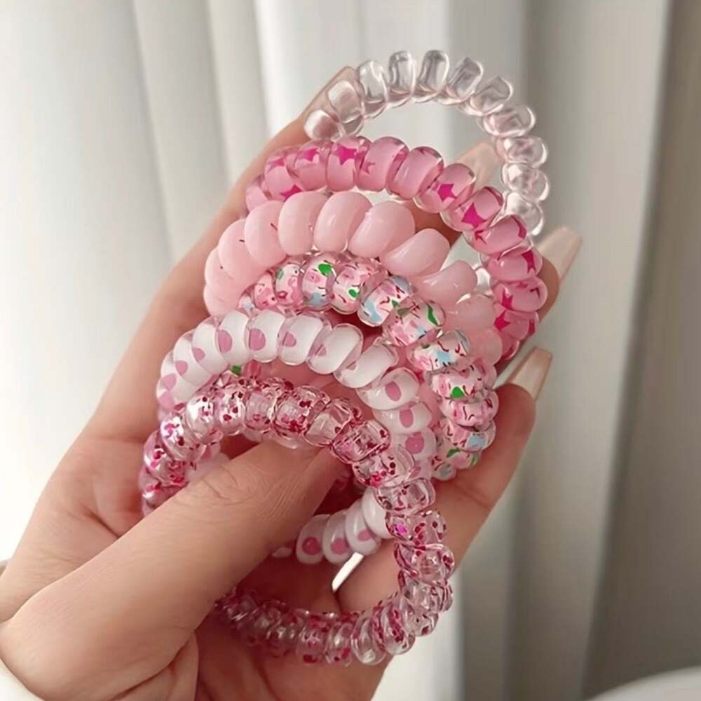 6 Pcs Pink Phone Cord Spiral Hair Ties Set